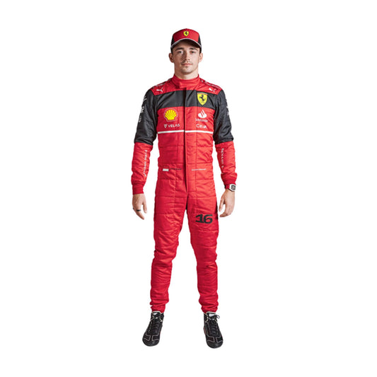 Charles Leclerc's 2022 F1 racing suit in vibrant red, showcasing intricate sponsor logos and a sleek design synonymous with high-performance motorsport gear.