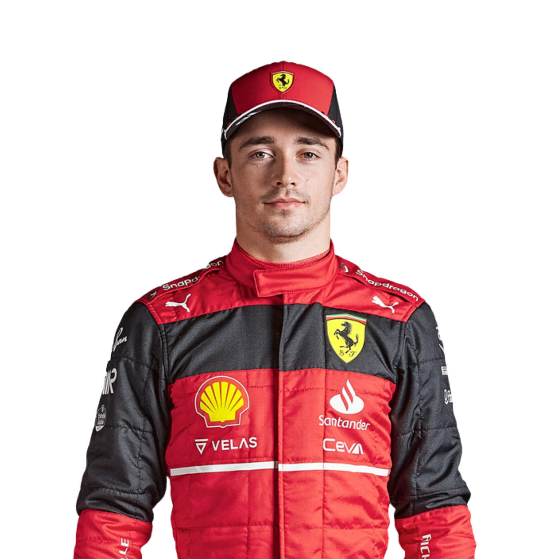 Close-up of the suit's fine stitching and detailed sponsor logos, highlighting the craftsmanship and quality of the 2022 racing gear.