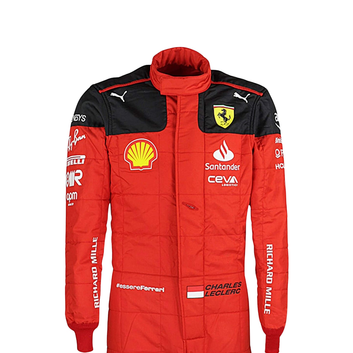 Close-up of Leclerc’s 2023 F1 racing suit fabric texture and stitched sponsor logos, detailing the high-quality materials and the integration of the Rosso Le Mans red, black, and white color palette.