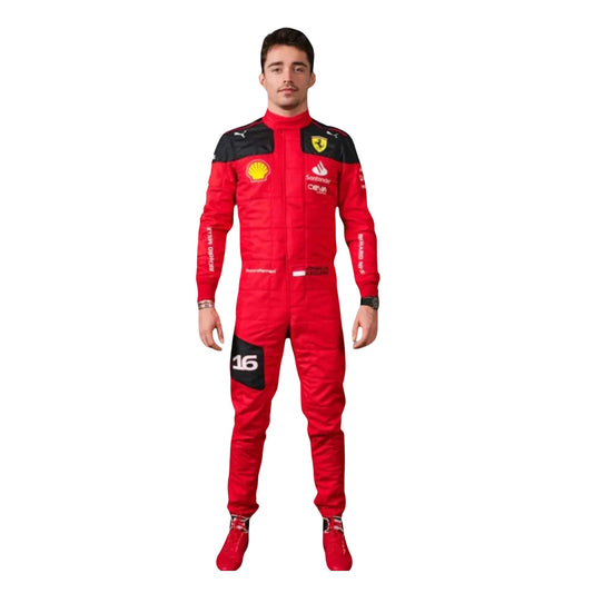 Charles Leclerc’s 2023 F1 racing suit front view featuring a vibrant Rosso Le Mans red base with black accents on the shoulders and sides, complemented by white sponsor logos, showcasing a sleek and modern design.