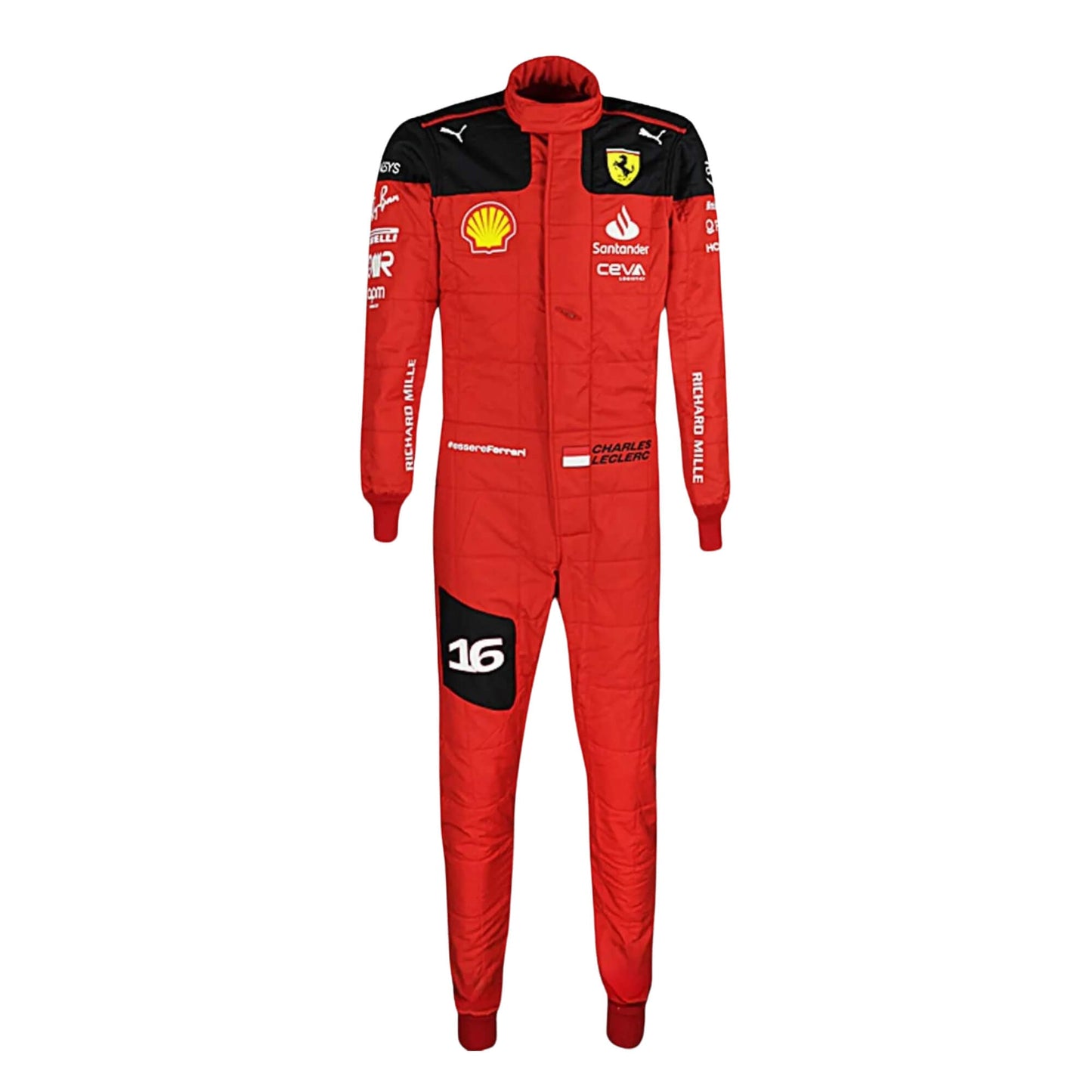 Charles Leclerc’s 2023 F1 racing suit front view featuring a vibrant Rosso Le Mans red base with black accents on the shoulders and sides, complemented by white sponsor logos, showcasing a sleek and modern design.