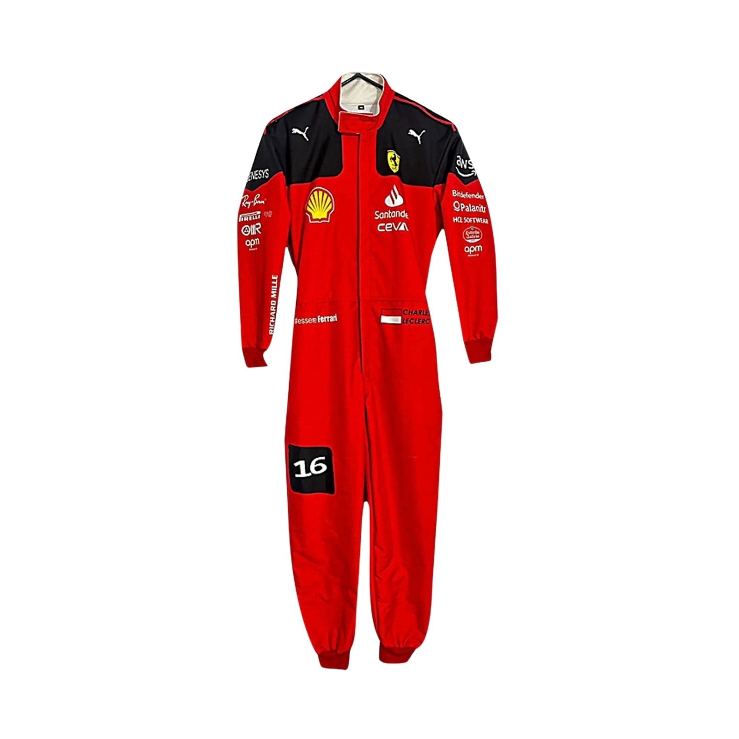 Charles Leclerc’s 2023 F1 racing suit front view featuring a vibrant Rosso Le Mans red base with black accents on the shoulders and sides, complemented by white sponsor logos, showcasing a sleek and modern design.