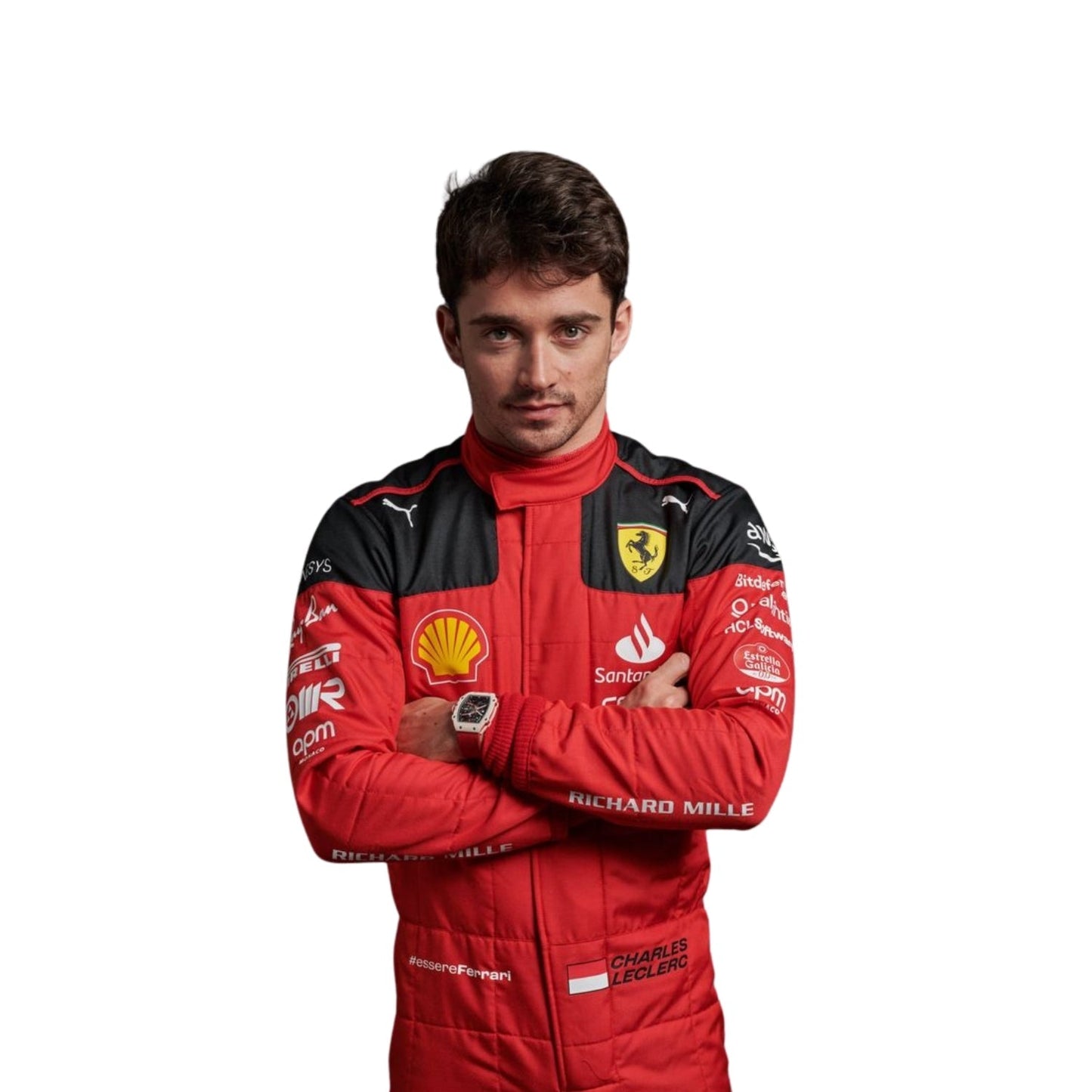 Close-up of Leclerc’s 2023 F1 racing suit fabric texture and stitched sponsor logos, detailing the high-quality materials and the integration of the Rosso Le Mans red, black, and white color palette.