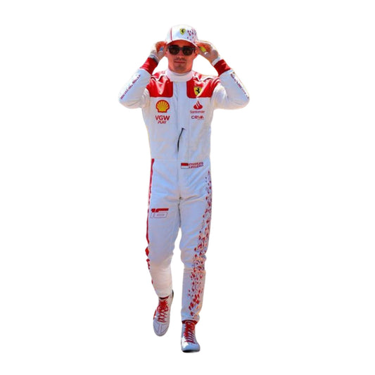 Charles Leclerc’s 2023 Monaco Grand Prix F1 racing suit front view featuring a white base with red shoulders and cuffs, complemented by logos, showcasing a sleek and modern design.