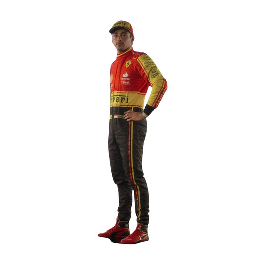Right Side profile of Leclerc’s Monza 2023 racing suit highlighting the yellow base with red panels on the sides and arms, tailored for aerodynamic performance.