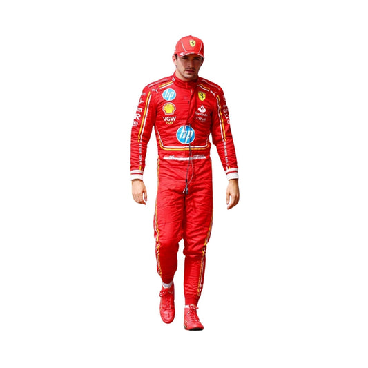 Front view of Charles Leclerc's 2024 Monaco GP F1 racing suit in red with yellow accents, showcasing a vibrant design with sponsor logos.