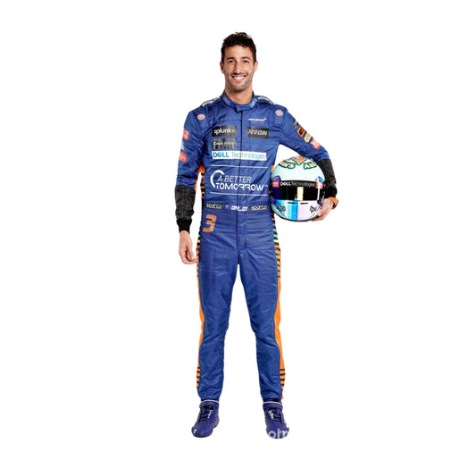 Daniel Ricciardo 2021 F1 racing suit front view showing vibrant orange and blue colorway with detailed sponsor branding