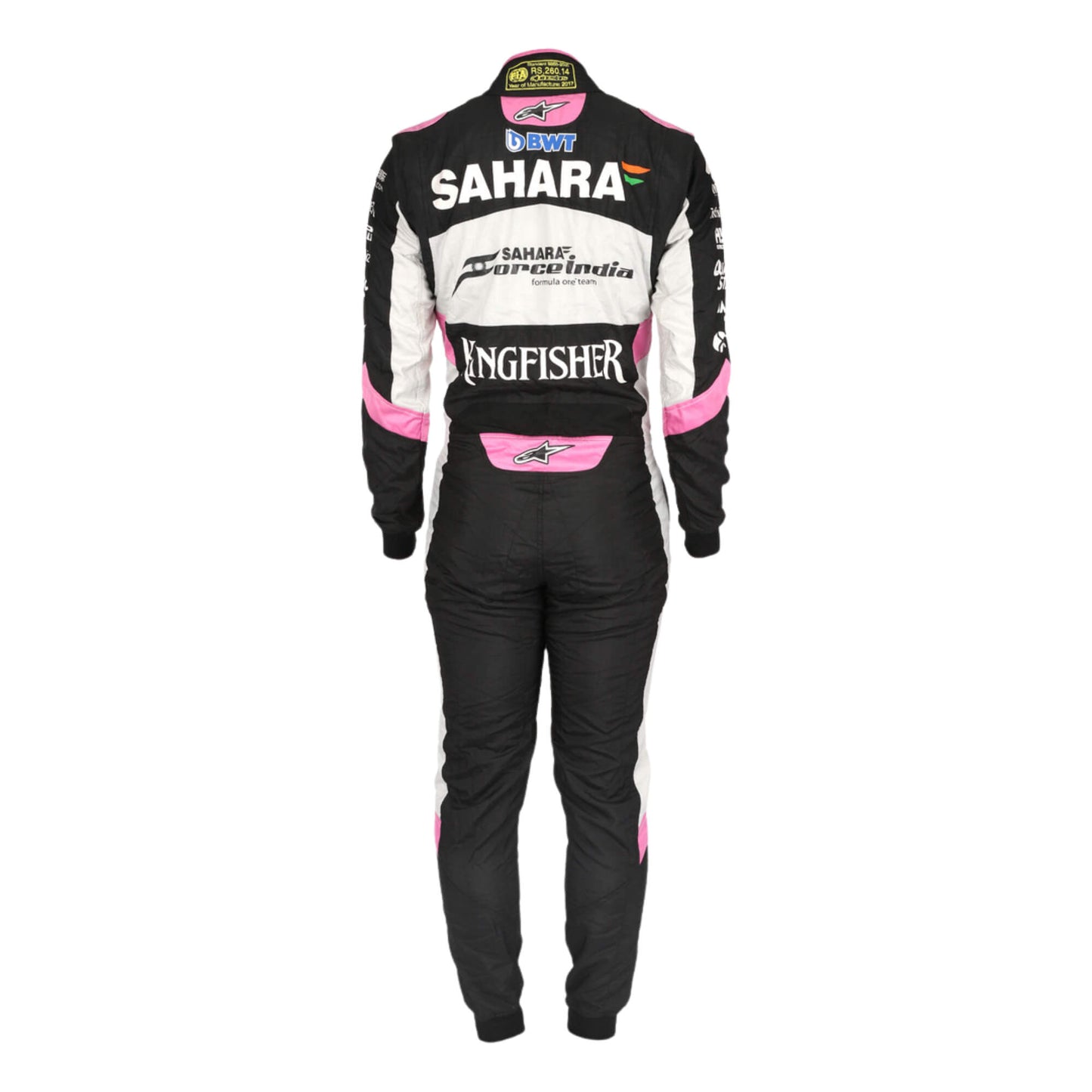 Back view of Esteban Ocon’s 2017 racing suit showing number placement, sponsor logos, and ergonomic design