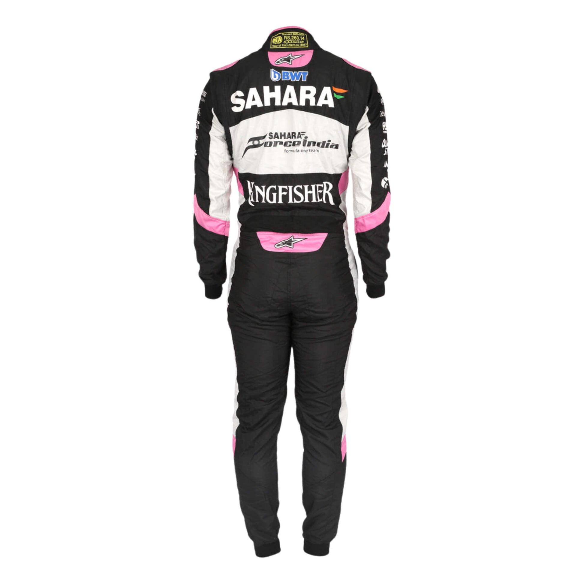Back view of Esteban Ocon’s 2017 racing suit showing number placement, sponsor logos, and ergonomic design