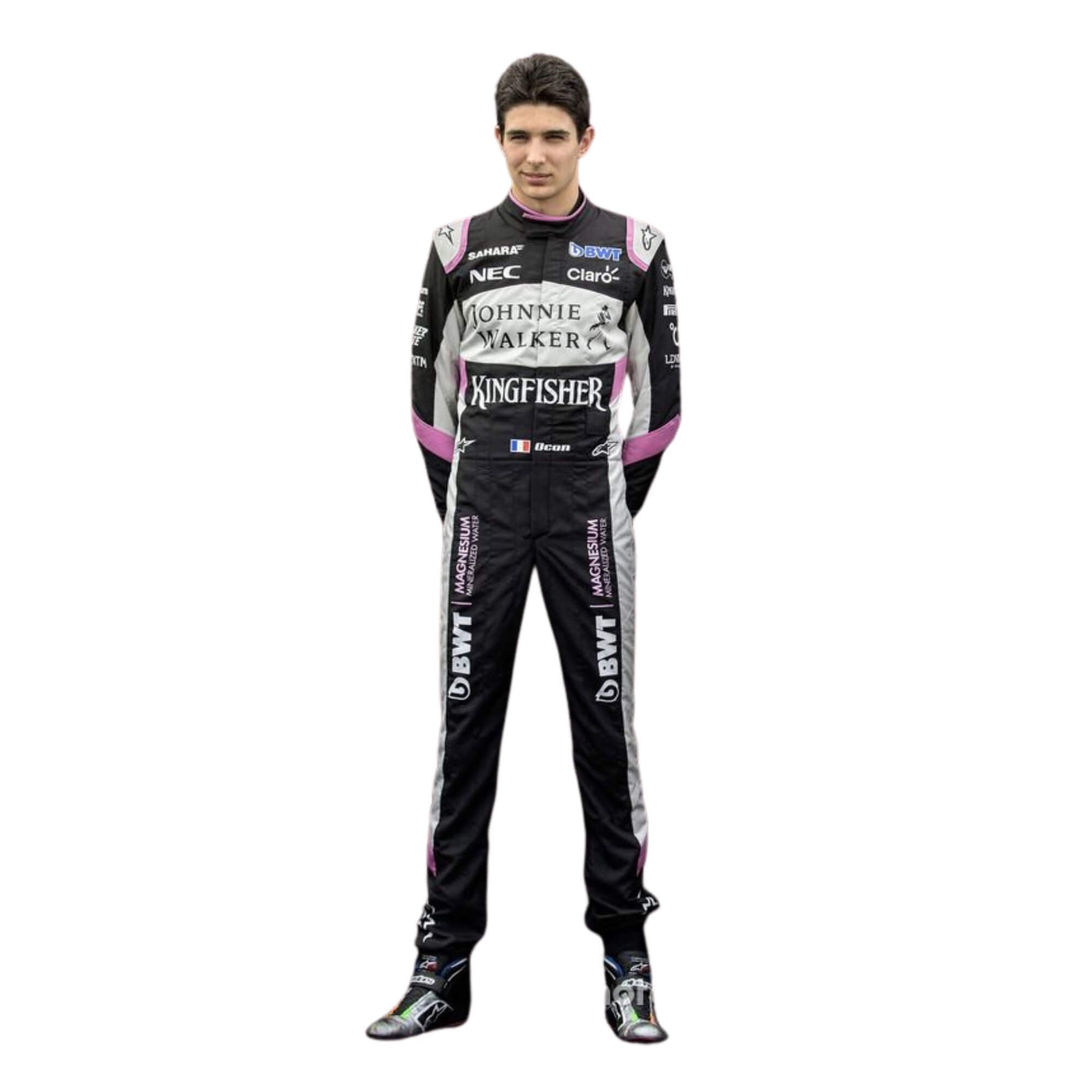 Esteban Ocon's 2017 racing suit, front view with embroidered sponsor logos, sleek black and pink design, and tailored fit