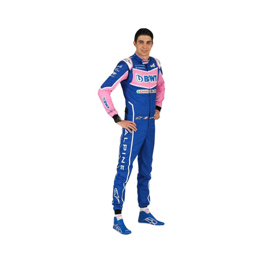 Front view of Esteban Ocon's 2022 F1 racing suit, featuring sleek design with sponsor logos and vibrant colors.
