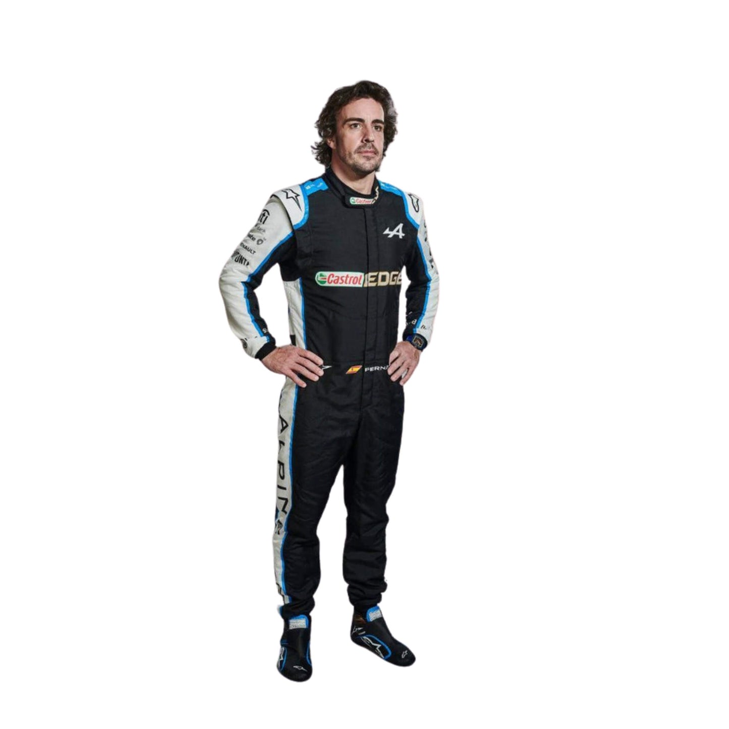 Fernando Alonso 2021 Formula 1 racing suit – sharp front view showcasing the iconic blue design