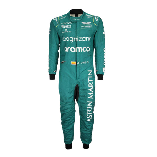 Fernando Alonso’s 2023 Miami GP F1 racing suit, featuring a sleek design in vibrant green with bold sponsor logos on the chest, arms, and legs, reflecting his racing style and Aston Martin’s innovative spirit.