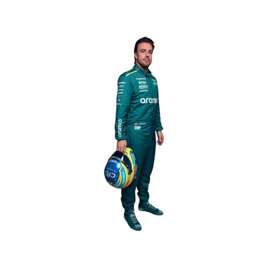 Side profile of Fernando Alonso in his 2024 Formula 1 racing suit, displaying the ergonomic fit and the interplay of green and black fabrics, enhanced by sleek silver accents along the side seams