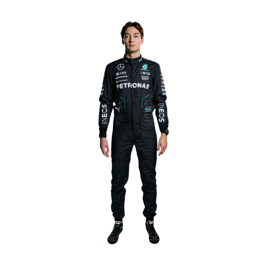 George Russell’s 2023 F1 racing suit in a sleek black and silver design, featuring prominent sponsor logos on the chest and legs. The suit is tailored for aerodynamics and performance, showcasing Russell’s commitment to excellence.