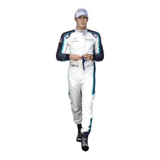 2021 George Russell F1 Racing Suit Front View, Navy Blue Design, Zipper Closure, Embroidered Details