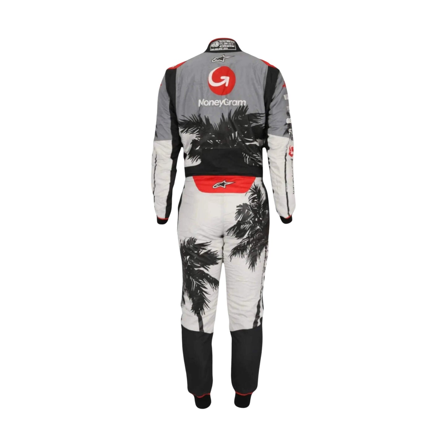 Kevin Magnussen's 2023 Miami Grand Prix F1 racing suit, back view: navy blue base with red and white accents, showcasing the continuation of the star and stripe design elements.