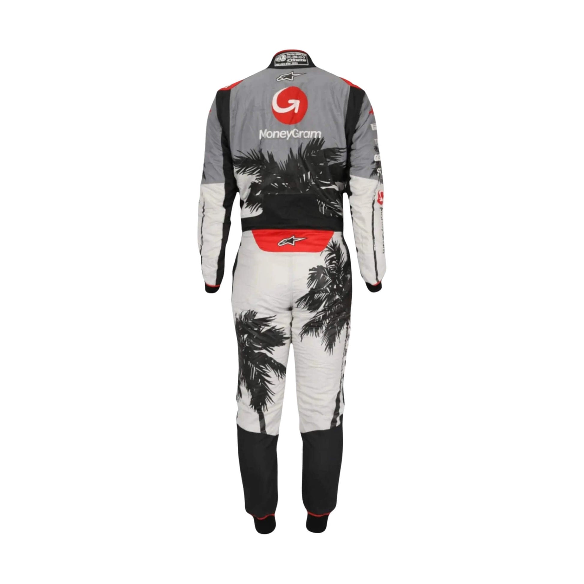 Kevin Magnussen's 2023 Miami Grand Prix F1 racing suit, back view: navy blue base with red and white accents, showcasing the continuation of the star and stripe design elements.