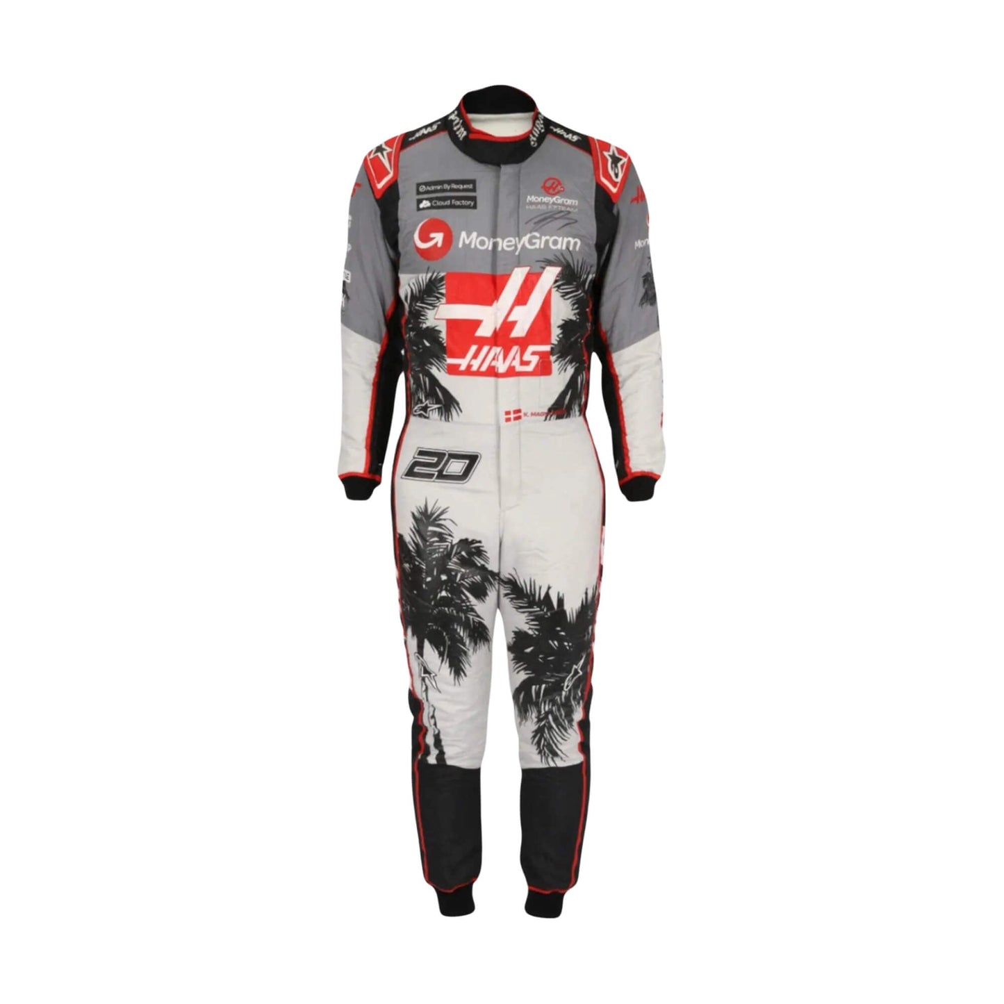 Kevin Magnussen's 2023 Miami Grand Prix F1 racing suit, front view: navy blue base with red and white accents, featuring a prominent star design on the leg and subtle stripes in the background.