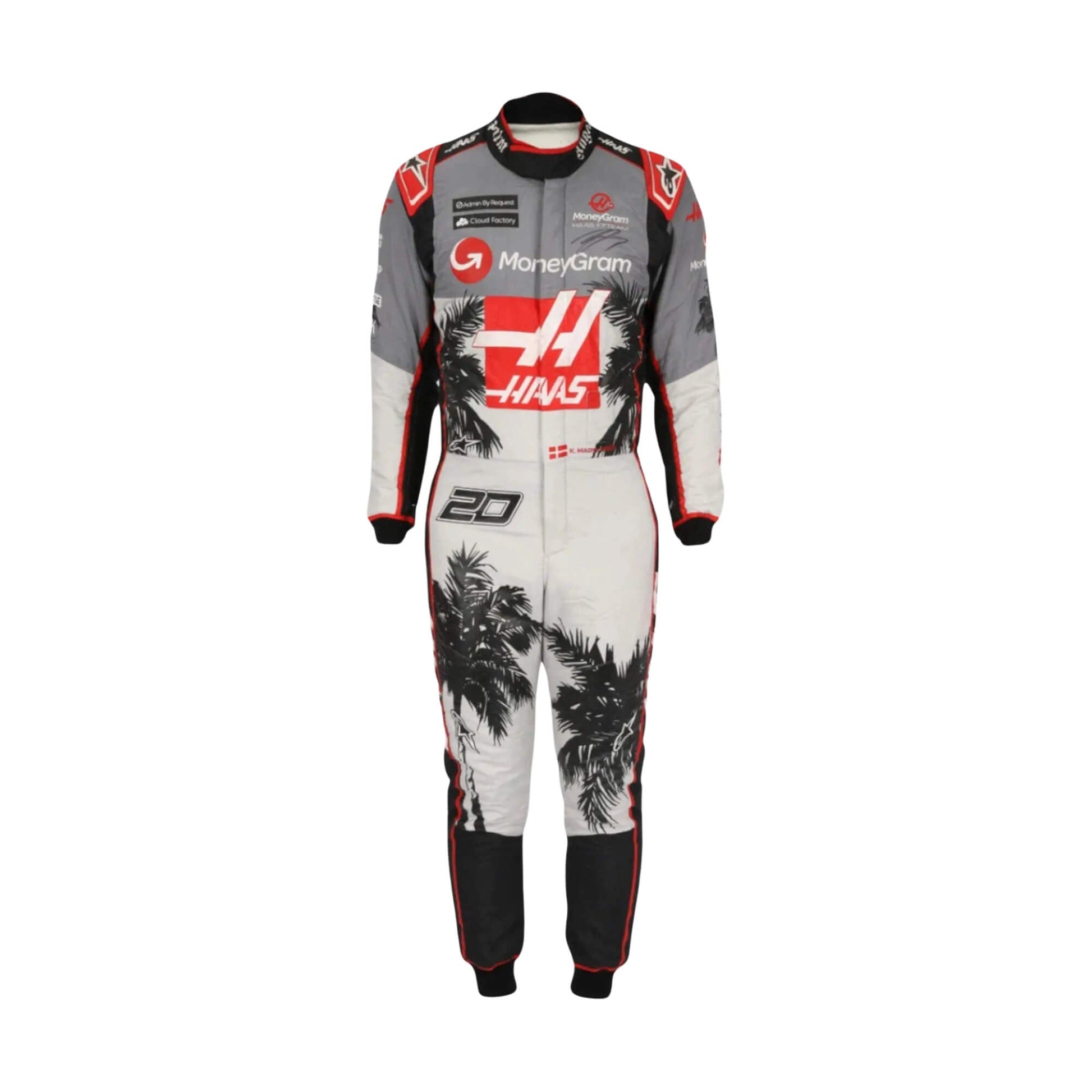 Kevin Magnussen's 2023 Miami Grand Prix F1 racing suit, front view: navy blue base with red and white accents, featuring a prominent star design on the leg and subtle stripes in the background.