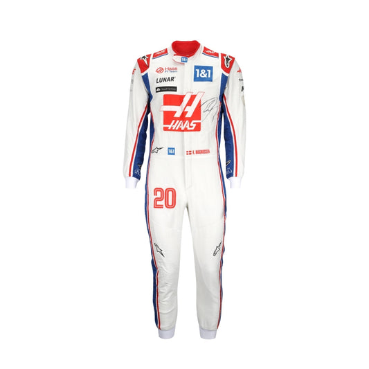 2022 Kevin Magnussen F1 Racing Suit Front View, Bold Design, Full Zipper, Sponsor Logos

