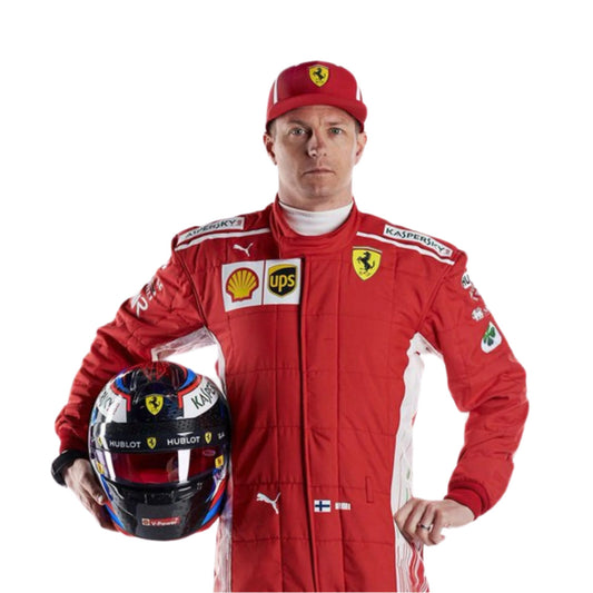 Kimi Räikkönen 2018 F1 suit – front view showcasing sharp lines and professional styling, ideal for racing memorabilia collections.
