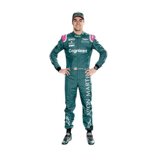 2021 Lance Stroll F1 Racing Suit Front View, Signature Green Shade, Zipper Closure, Sponsor Branding