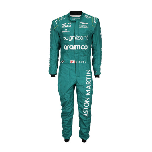 Lance Stroll’s 2023 Miami GP F1 racing suit, featuring a sleek design with a blend of dark green and subtle yellow accents. The suit is adorned with sponsor logos across the chest and shoulders, signifying high performance and innovation.
