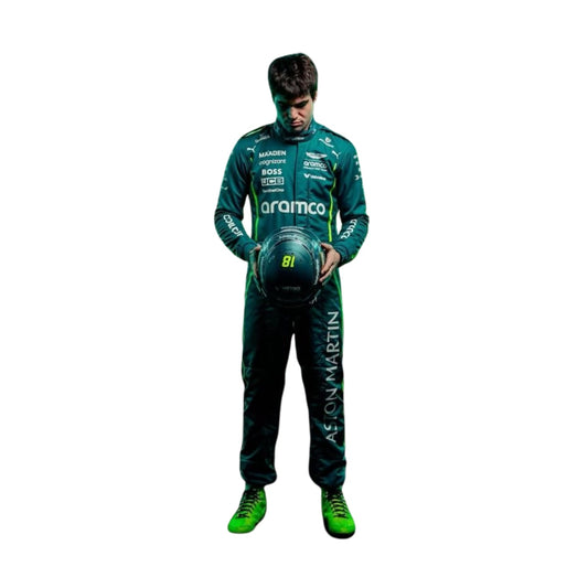 Lance Stroll standing confidently in his 2025 Formula 1 racing suit, front view showcasing a sleek dark green design with subtle black accents, featuring his race number 18 prominently displayed.