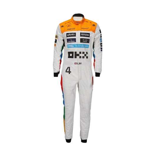 Lando Norris in his 2023 Silverstone Grand Prix racing suit with patriotic detailing and aerodynamic design tailored for peak performance.