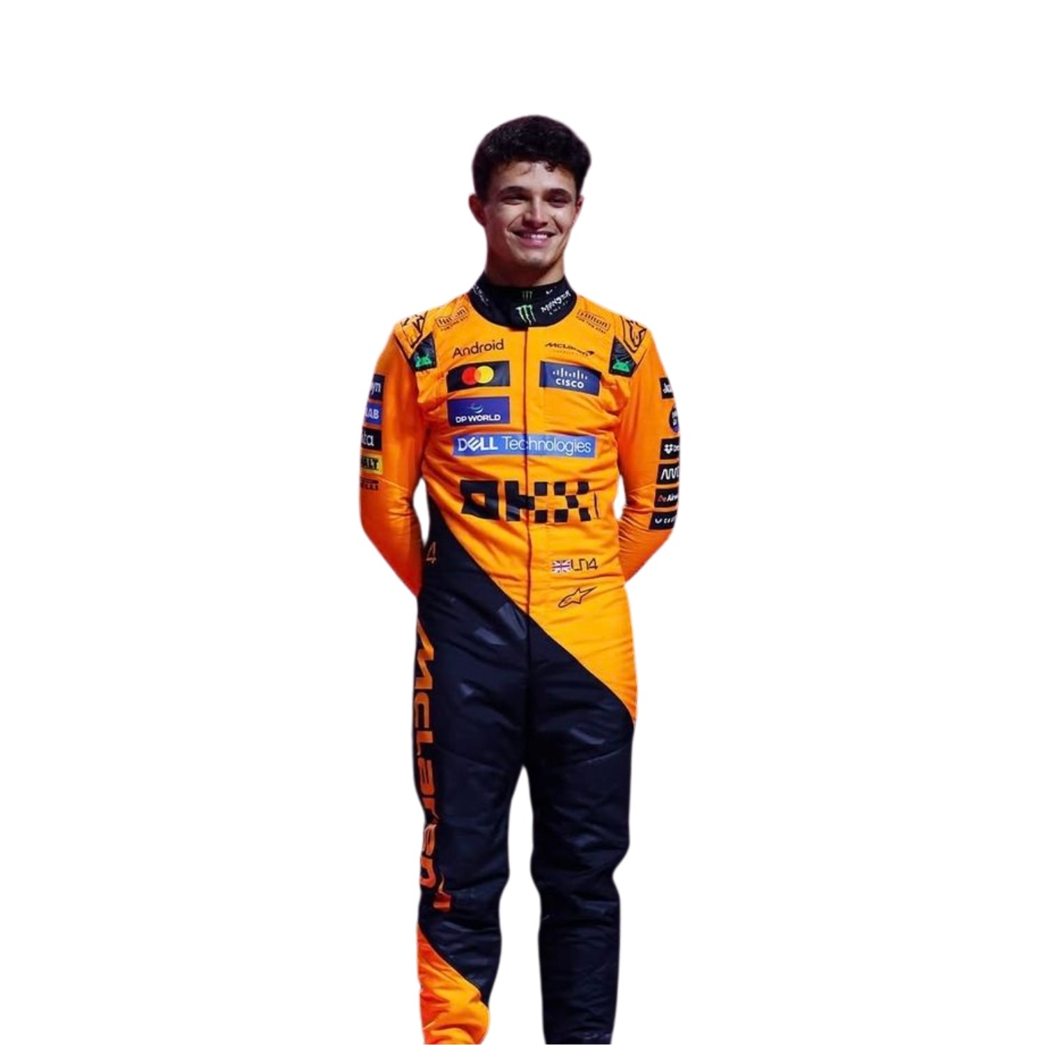 Close-up of fabric texture and detailed stitching on Lando Norris 2025 F1 racing costume showcasing premium finishes and logo embroidery.