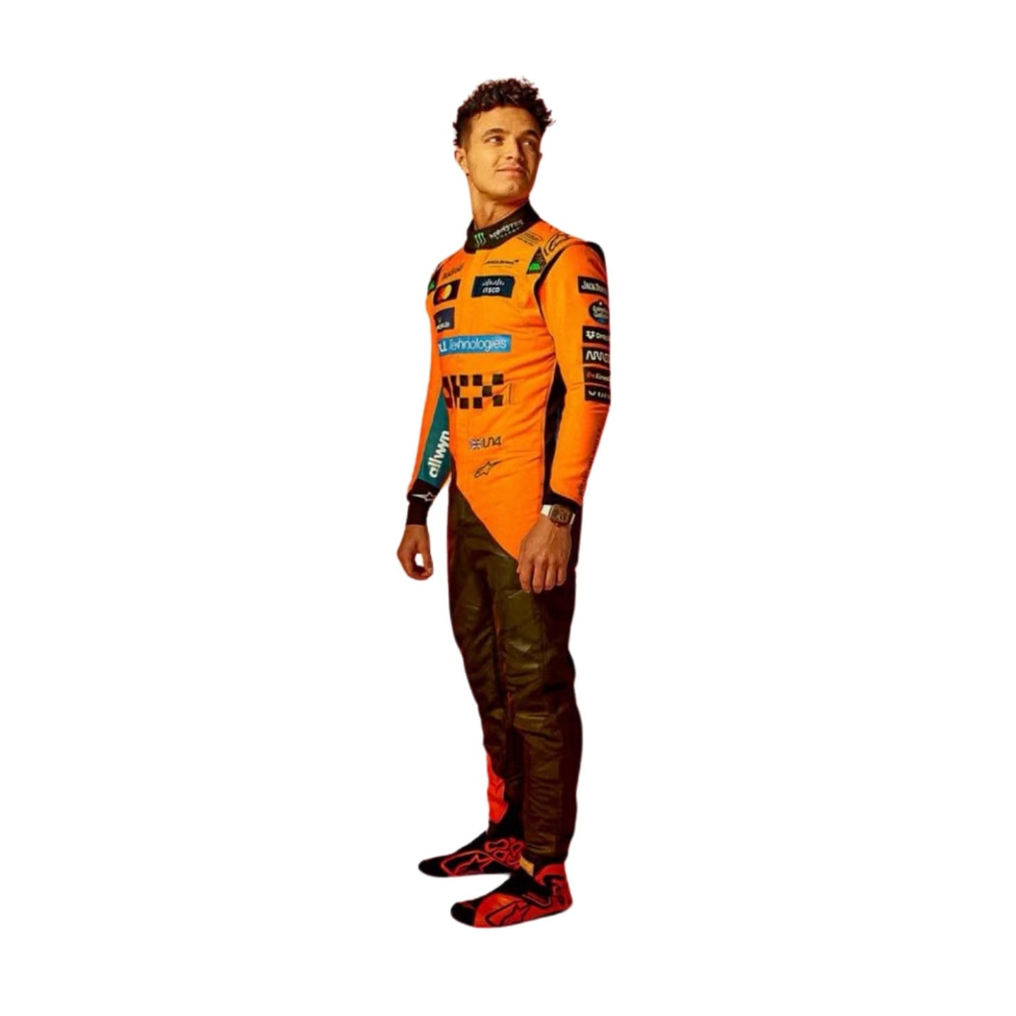 Left Side profile of the 2025 Formula 1 costume worn by Norris highlighting tailored fit, lateral airflow inserts, and driver customization zones.