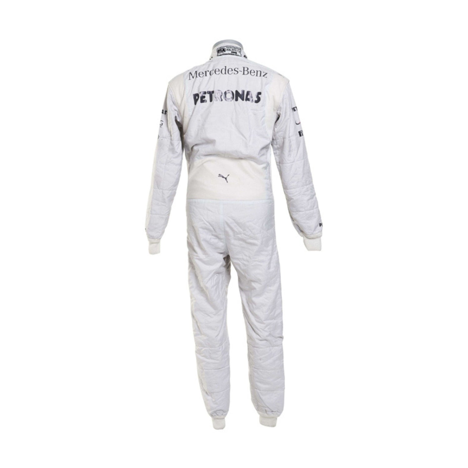 Back view of Lewis Hamilton’s 2014 racing suit featuring white and teal tones with sponsor logos, representing his dominant year on the Formula 1 grid.
