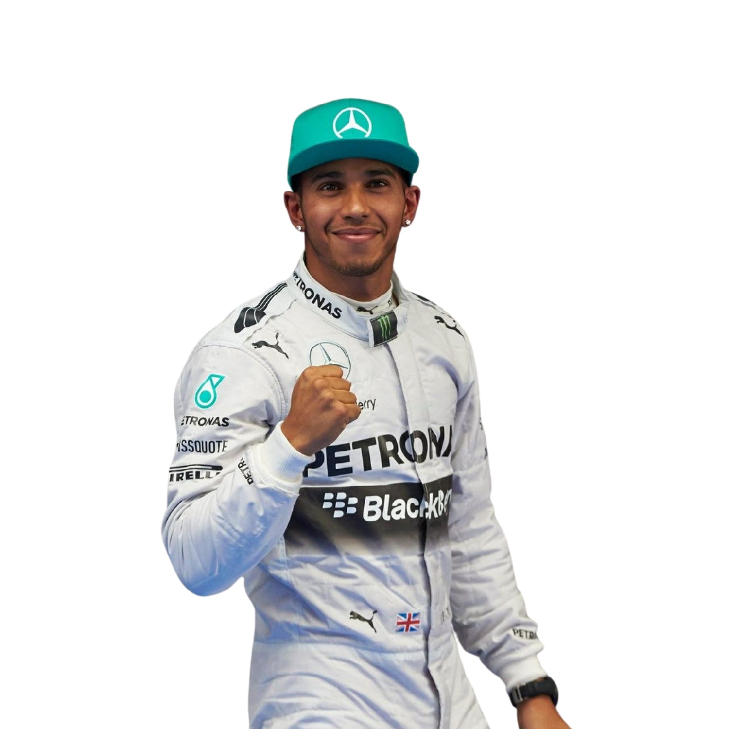 Side profile of Lewis Hamilton’s 2014 F1 suit, highlighting the streamlined white base and teal detailing, worn during his title-winning performances.