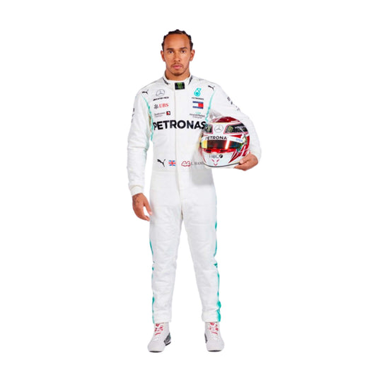 Lewis Hamilton 2019 F1 suit – front view with clean, modern race-inspired details, trending among Formula 1 enthusiasts.