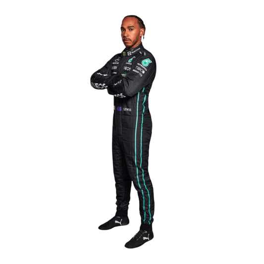 Side view of Lewis Hamilton 2022 F1 suit – aerodynamic black and turquoise color scheme with sleek profile