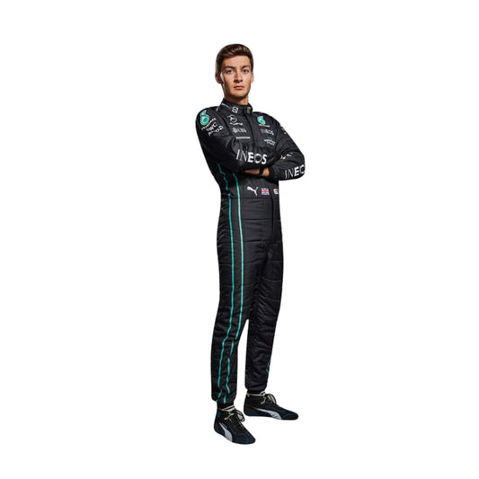 High-resolution image of George Russell 2022 F1 suit – stylish black and turquoise racing outfit for fans and collectors