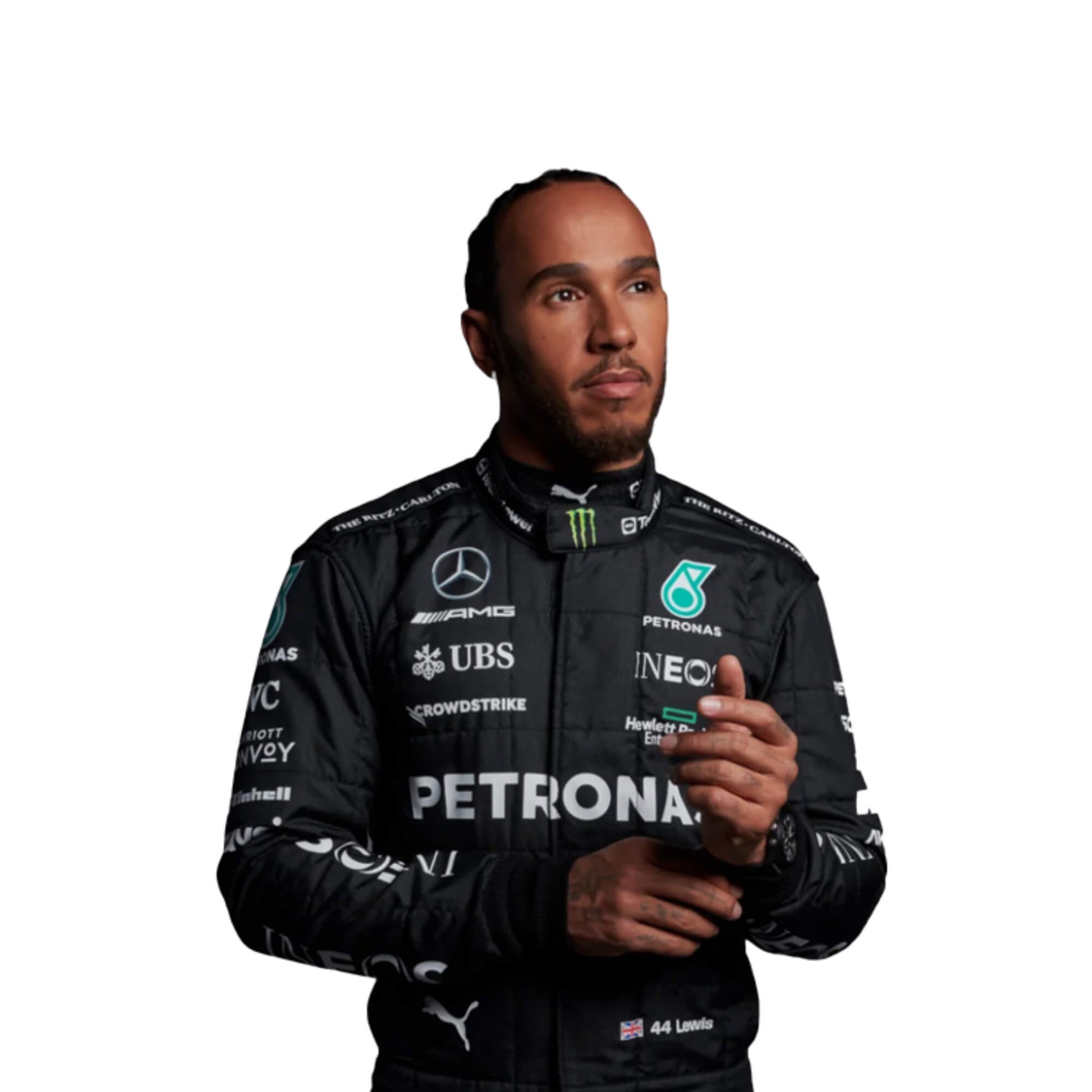 Close-up of Hamilton’s 2023 F1 suit detailing the fabric texture and fine stitching, with clear sponsor placements.