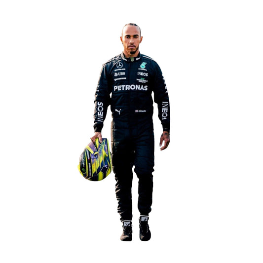 Lewis Hamilton’s 2023 F1 racing suit featuring sponsor logos across the chest and legs, designed for high performance.