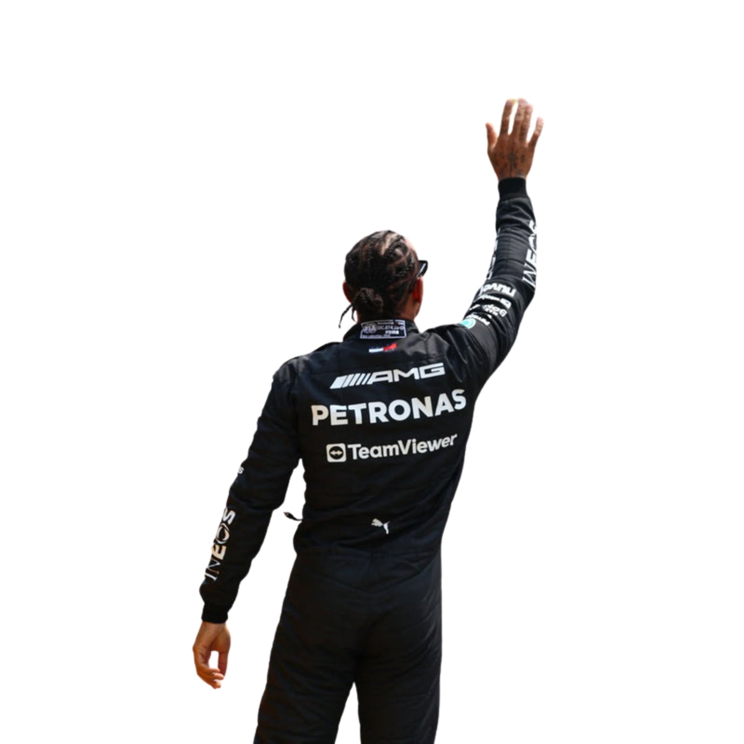  Rear view emphasizing the suit's ergonomic design and logos for optimal movement and comfort during the race.