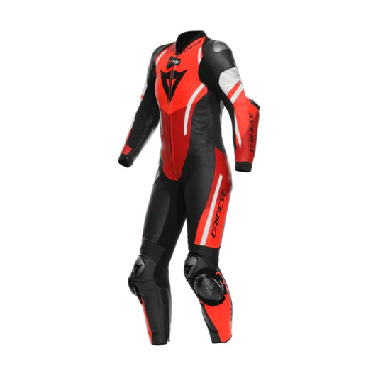 Misano 3 Perforated One-Piece Motorcycle Leather Racing Suit Black and Red Fluo
