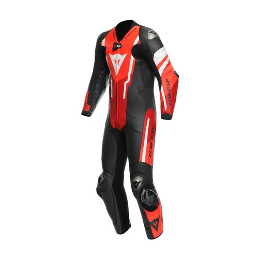 Misano 3 Perforated One-Piece Black, and Fluo-Red Motorcycle Leather Suit
