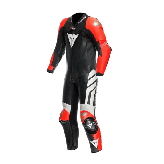Mugello 3 Perforated One-Piece Motorcycle Leather Racing Suit Black, Fluo Red, and White