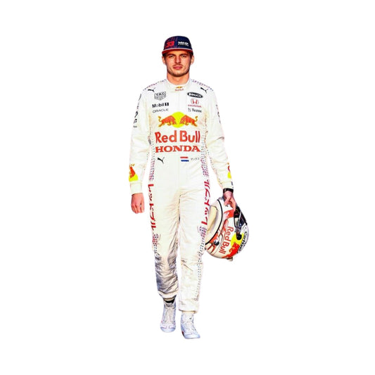 Front view of Max Verstappen’s 2021 Turkish GP F1 racing suit, displaying vibrant sponsor logos and sleek design tailored for high performance.