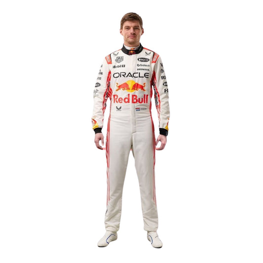 Max Verstappen's 2025 Japanese Grand Prix race suit front view, featuring a predominantly white design with red accents inspired by Japanese culture.
