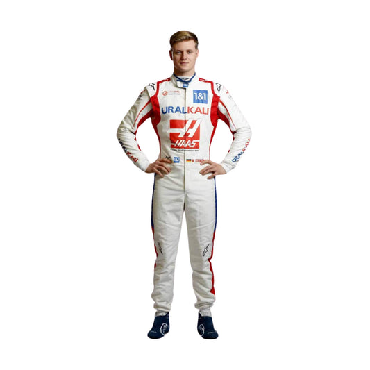 Mick Schumacher 2021 F1 Team racing suit – high-quality front view with rich detailing.