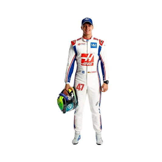 2022 Mick Schumacher F1 Racing Suit Front View, Red and White Accents, Full Zipper, Embroidered Badges