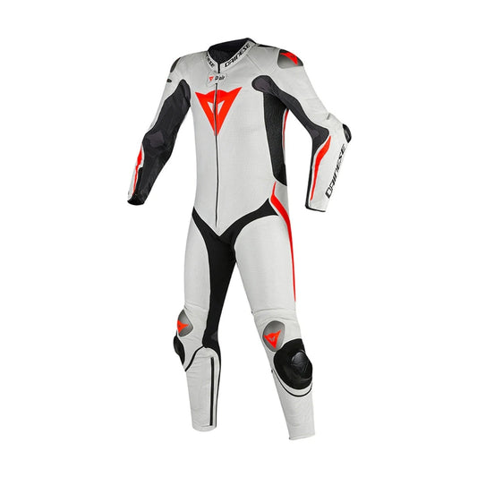 Mugello R One-Piece Motorcycle Leather Racing Suit White and Red Fluo