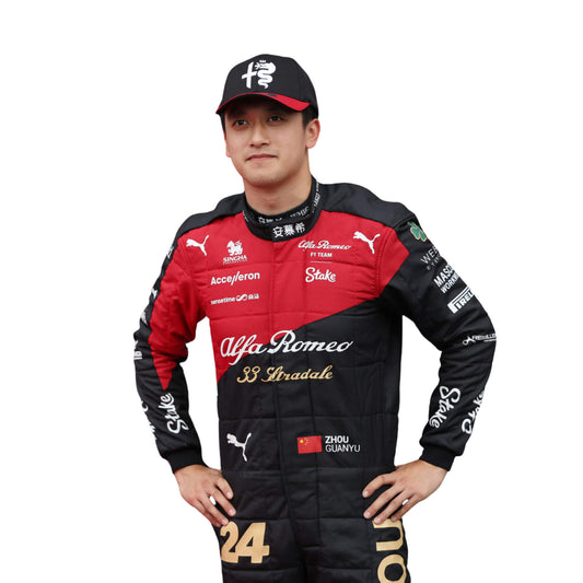 Zhou Guanyu’s 2023 Italian Grand Prix F1 racing suit front view featuring a black base with red and gold accents on the shoulders and sides, complemented by sponsor logos, showcasing a sleek and modern design.