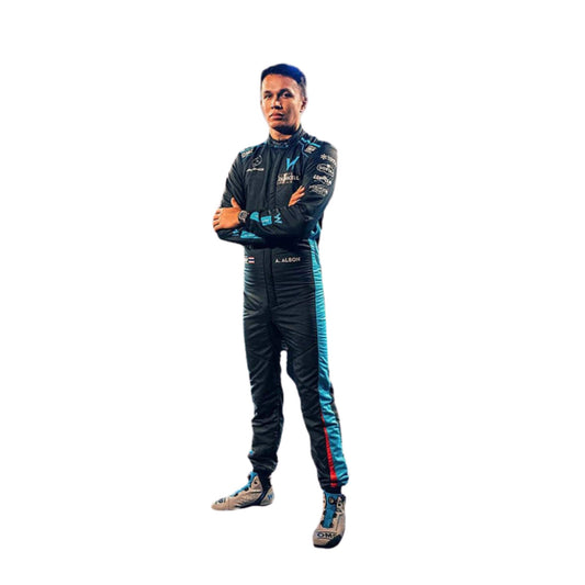 High-resolution image of Alexander Albon's 2022 F1 suit laid flat, emphasizing the navy blue and light blue color combination and technical fabric texture